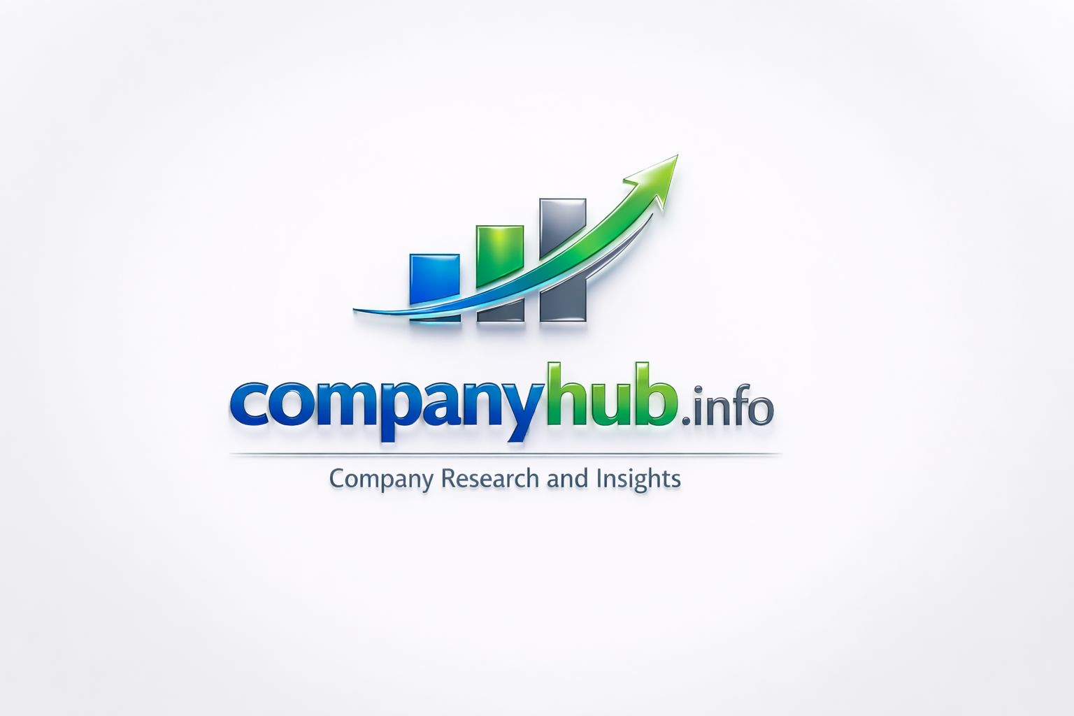 CompanyHub.info logo featuring a glass-style upward arrow over three rising bars in blue, green, and gray, with the subtitle “Company Research and Insights.”